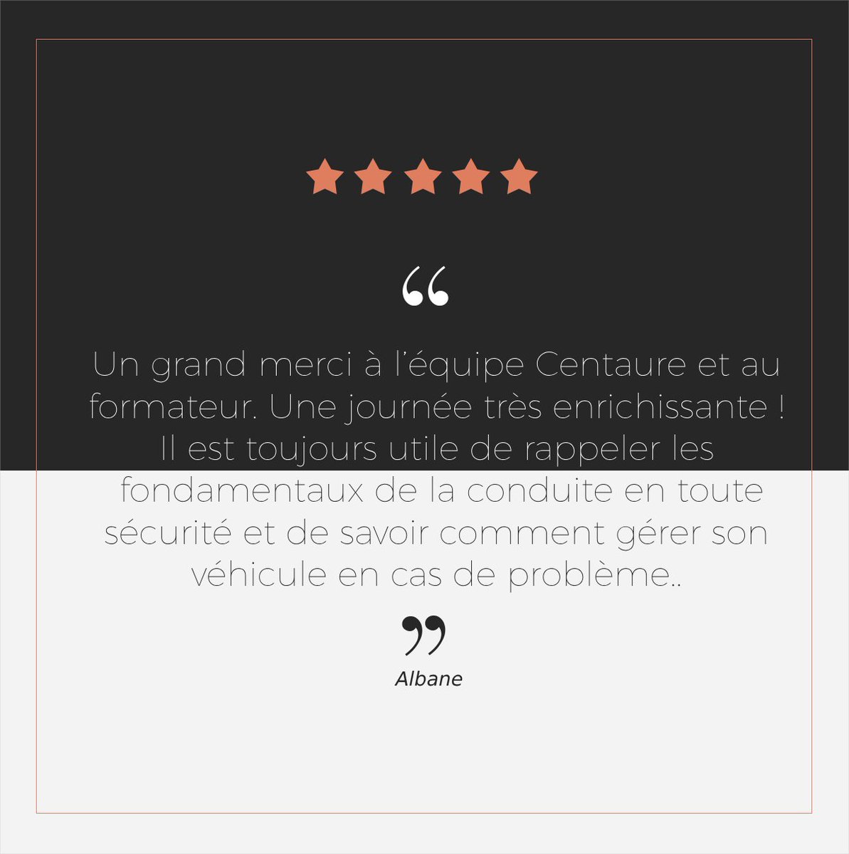 Vos #témoignages nous permettent d'améliorer continuellement la qualité de nos services et de garantir une expérience enrichissante, axée sur la #sécuritéroutière. Merci Albane !

N'attendez plus, réservez dès maintenant votre #stage : centaure.com