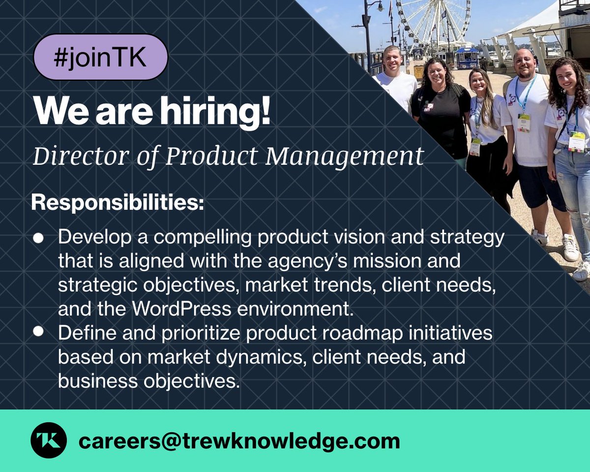 trewknowledge's tweet image. We’re #hiring a new Director of Product Management. 🚀 
Apply today or share this post with your network.

👉 ow.ly/oJpT50T6UUJ
#JobsInTech #WeAreHiring #ProductManagement #JoinTK