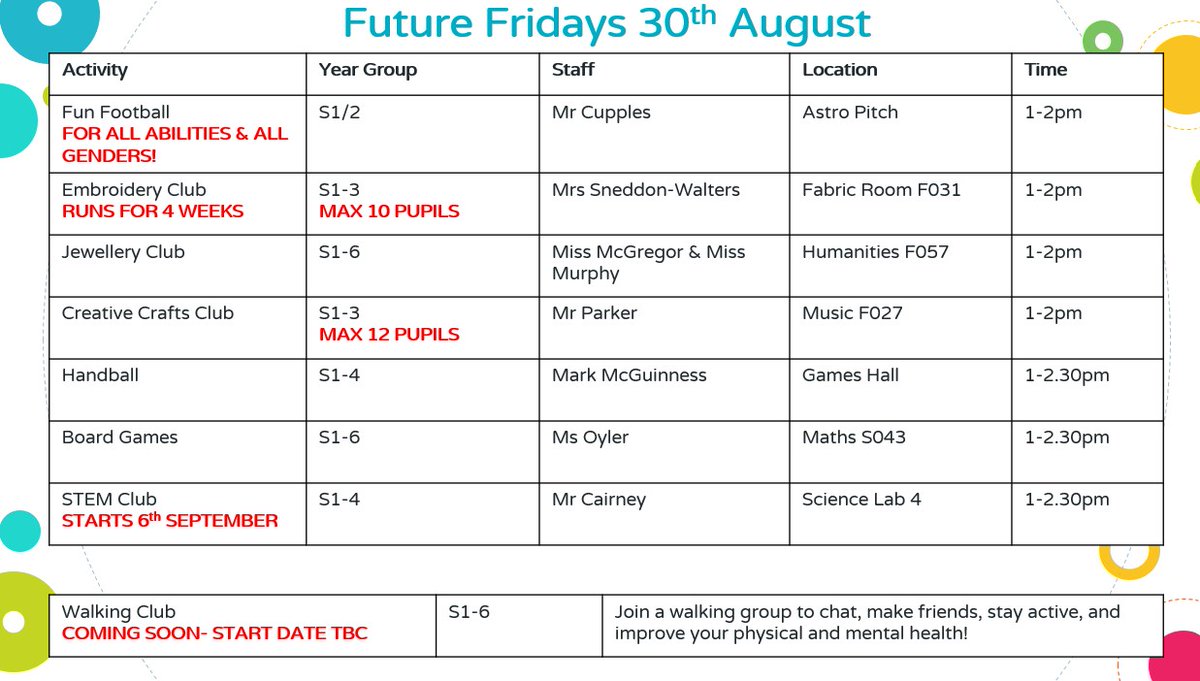 ⭐️FUTURE FRIDAYS 30TH AUG⭐️
Lots happening <a href="/CumbernauldAcad/">Cumbernauld Academy</a> this week! See Miss Small to sign up!
🪡Embroidery
💎Jewellery
🖌️Crafts
⚽️S1/2 Fun Football
🤾‍♂️Handball
🎲Board Games

Coming soon:
👩‍🔬STEM (starts 6th Sept)
🚶‍♀️Walking Group (date TBC)

Full details👇