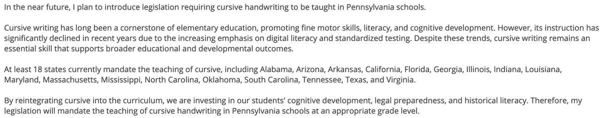 PoliticsPA's tweet photo. Just in time for the start of the new year. 
@SenLangerholc proposes legislation to require cursive handwriting be taught in PA schools. https://t.co/TFlm6aMtil