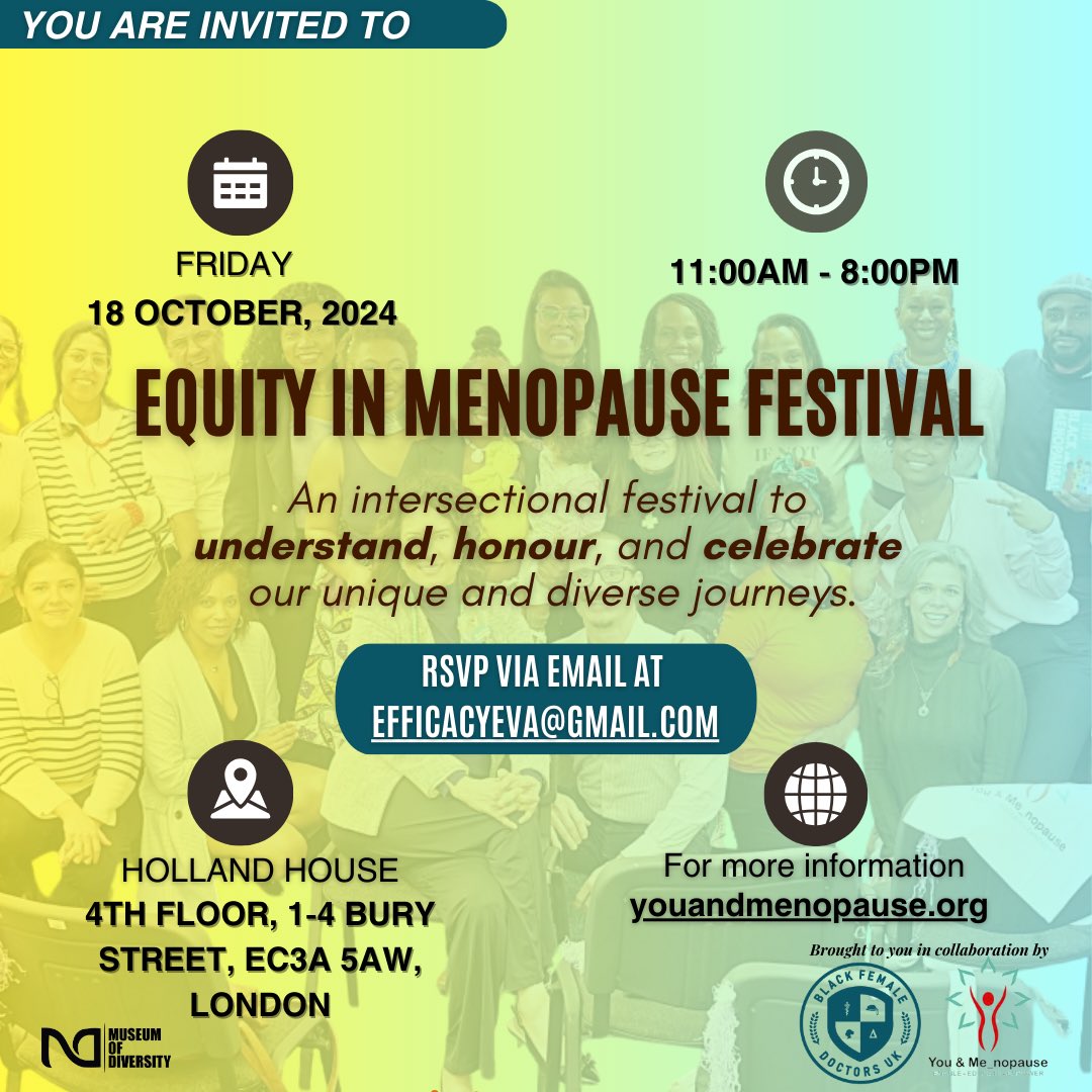 YouandMenopause's tweet photo. Exciting news! 🎉🎉🎉

Join us for the first ever Equity in Menopause Festival. Get ready to be part of a powerful movement! Secure your presence and RSVP by emailing efficacyeva@gmail.com

#worldmenopauseday #menopauseawareness #inclusivehealth #inclusivecare #breakthesilence https://t.co/E6gT74jBbU
