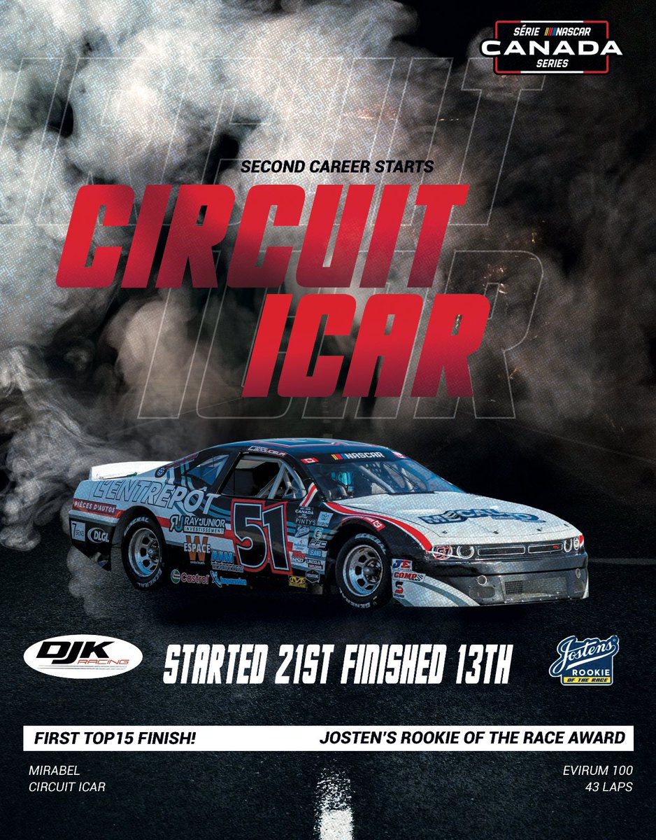Frederik Ladouceur (@fredladouceur51) on Twitter photo Hard Saturday at the office at ICAR but managed to get my first Top 15 finish in the <a href="/NASCARCanada_/">NASCAR Canada</a> Series! Started in 21st, I crossed the line in 13th position! Got the Josten’s Rookie of the Race Award given to the rookie that got the best result! Big thanks to <a href="/DJKRacing/">DJ Kennington</a> and Hard Saturday at the office at ICAR but managed to get my first Top 15 finish in the <a href="/NASCARCanada_/">NASCAR Canada</a> Series! Started in 21st, I crossed the line in 13th position! Got the Josten’s Rookie of the Race Award given to the rookie that got the best result! Big thanks to <a href="/DJKRacing/">DJ Kennington</a> and