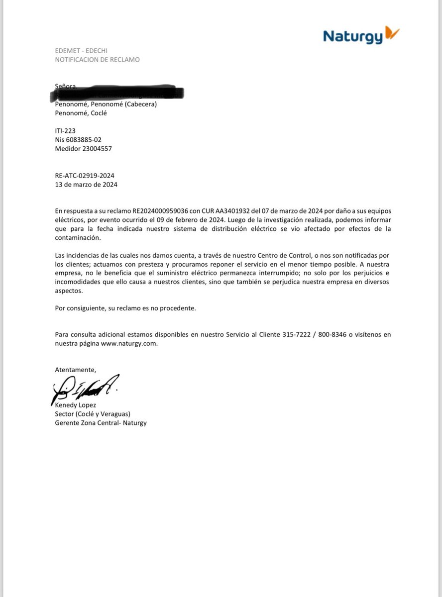Esto es una falta de respeto y raya la línea del poco importa al pueblo. Respuesta de <a href="/NaturgyPa/">Naturgy Panamá</a> a una cliente que reclama un Derecho justo. Total falta de respeto. Hay que sacar esa empresa de Pmá. Abusan