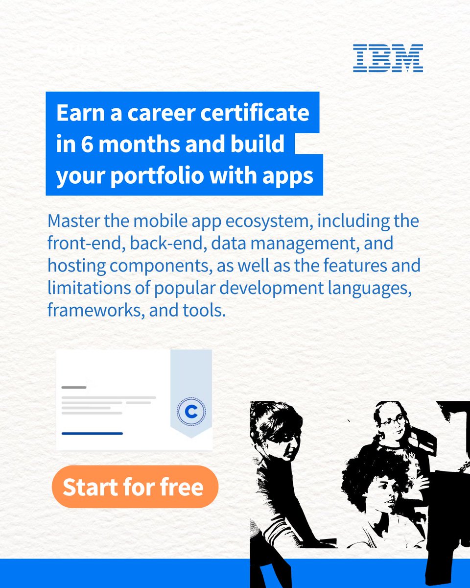 CognitiveClass's tweet image. Become an IBM iOS and Android mobile app developer in 6 months with @IBM. ➕️ Exclusive 1 month free learning offer!
Start your career journey for free today:
🔗 l8r.it/rjIN
#iOSAppDeveloper #JavaScript #AppDevelopment
