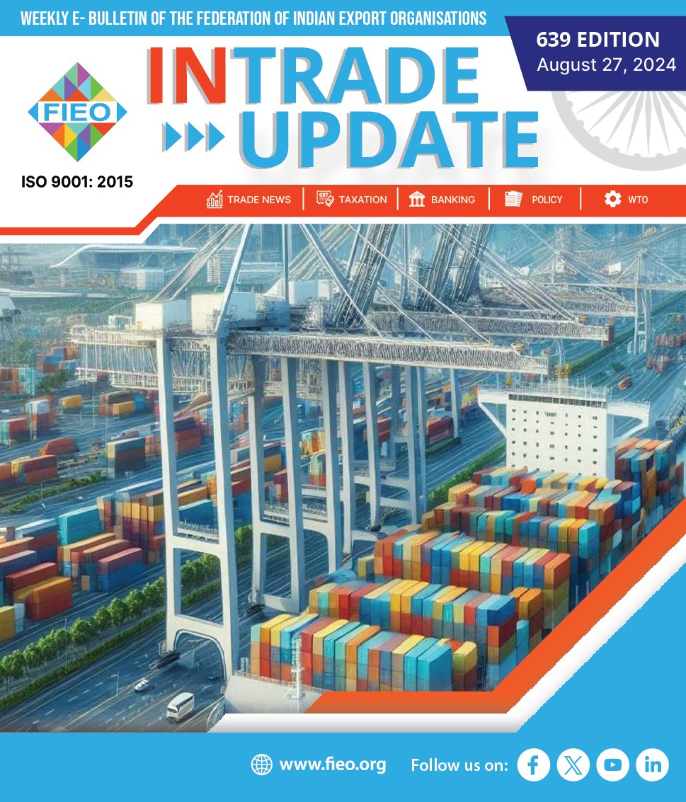 FieoHq's tweet photo. Check the latest Issue of "INTRADE UPDATE"– FIEO's weekly e-bulletin to keep you posted with the global developments affecting International trade as well as country’s foreign trade.
Read full #IntradeUpdate: https://t.co/TluzvpONQC
#trade #economy #banking #finance #logistics https://t.co/Jg4fTe19Jm