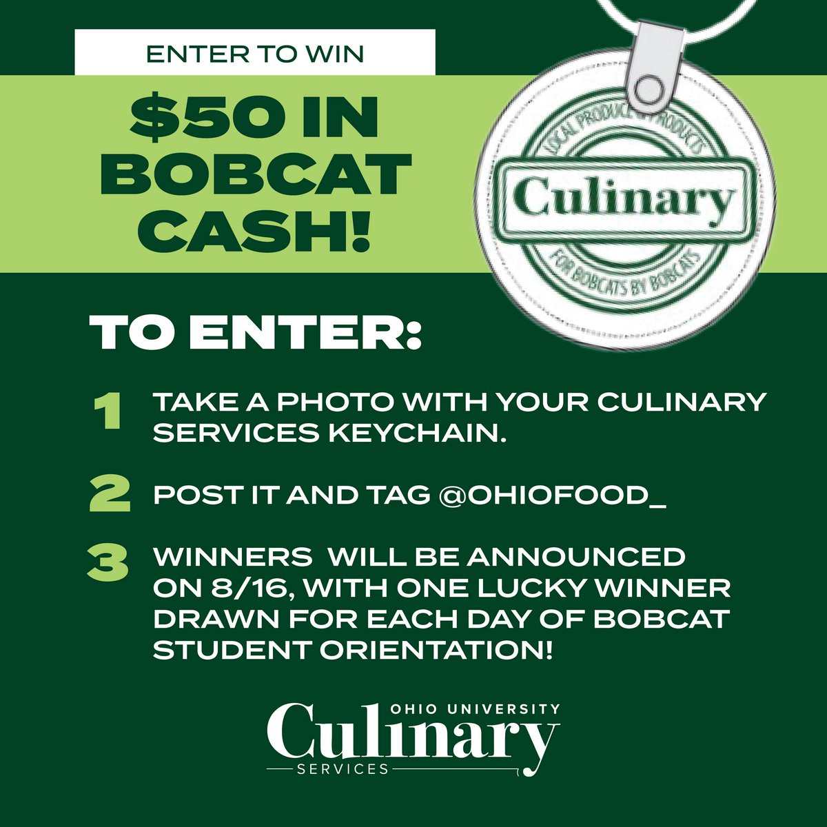 OHIO University Culinary Services (@ohiofood_) on Twitter photo The winner from X is <a href="/Sandman4235/">Woods World of Sports</a> !!! Congrats! Please email bobcatcash@ohio.edu to get your prize. The winner from X is <a href="/Sandman4235/">Woods World of Sports</a> !!! Congrats! Please email bobcatcash@ohio.edu to get your prize.
