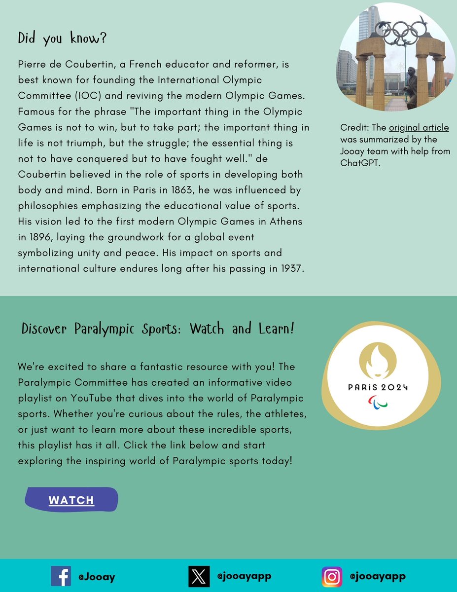 jooayapp's tweet photo. The Jooay monthly newsletter: the Paralympics edition is out now!🥇

We’re counting down the hours to cheer on over 4,400 athletes competing in the #Paris_Paralympics_2024! 🌍

With the Opening Ceremony just around the corner, it’s time to dive into some exciting highlights! https://t.co/2mkLVhjPUQ