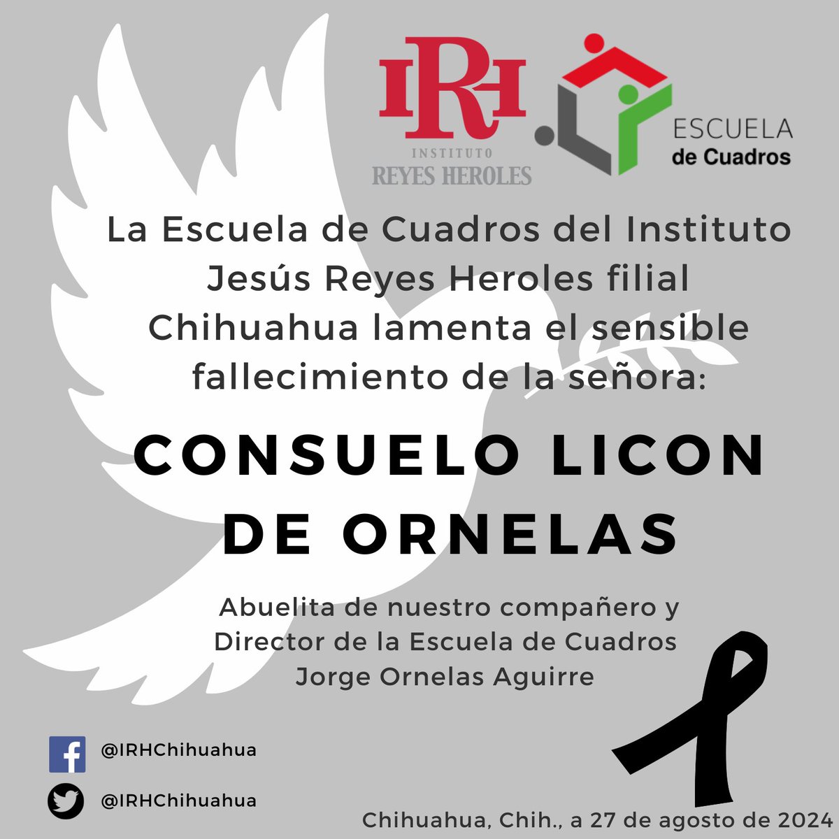 “La luz que nos deja un ser querido nunca se apaga, simplemente brilla en otro lugar.” 

Nuestras condolencias para nuestro Director de la Escuela de Cuadros Jorge Ornelas A por el sensible fallecimiento de su abuelita Consuelo Licon de Ornelas.

Fortaleza para él y su familia.