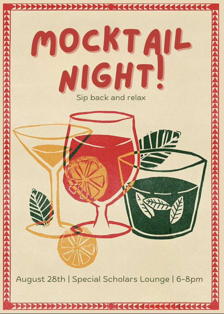 Scholars! Join us this Wednesday, August 28th from 6-8 PM in the Special Scholars Lounge for our special Mocktail Night! 🍹Get ready for delicious drinks, great vibes, and plenty of fun. Don’t miss out!