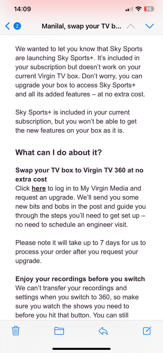 V1SHAL82's tweet photo. @virginmedia received this email on 08/08/24 and been trying to upgrade with no joy and been on the chat service for over a hour and got no where!! https://t.co/zKuVVGmhos
