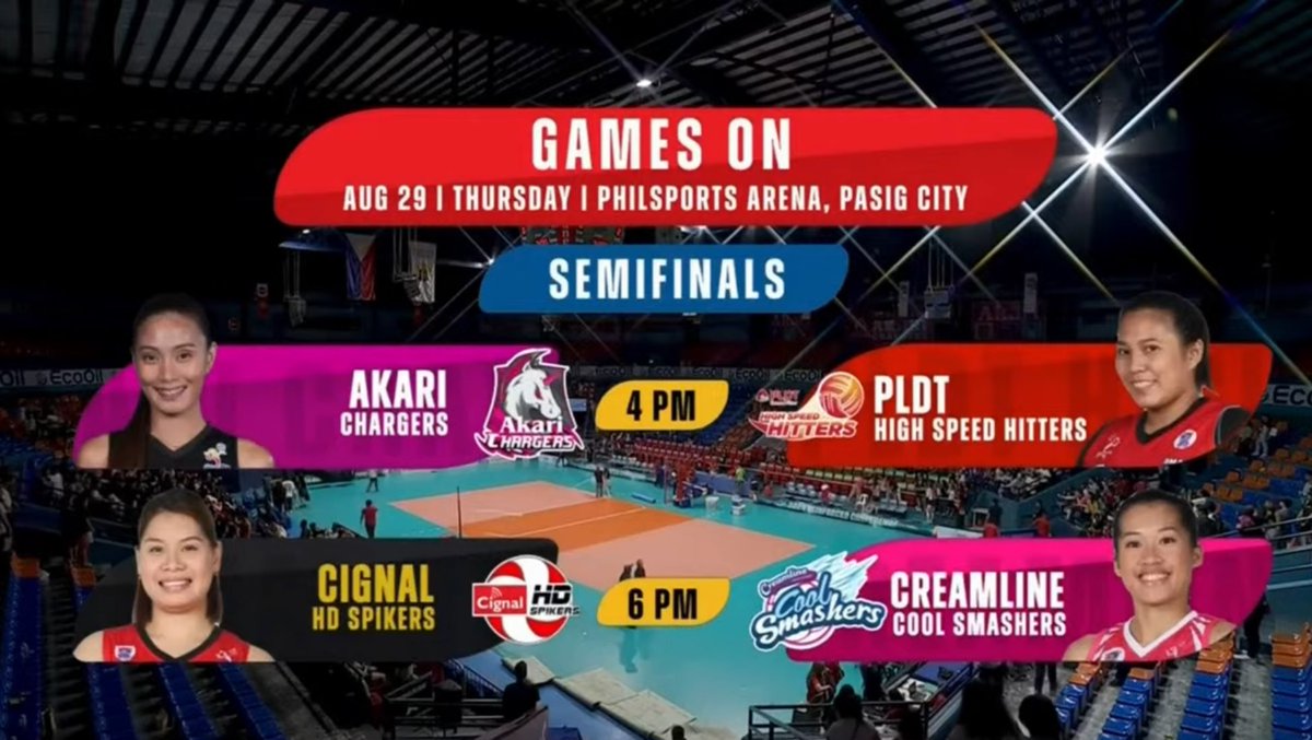 blackerpink's tweet photo. SEMIFINALS ON THURSDAY! 

4pm - Akari vs PLDT 
6pm - Cignal vs Creamline 

Venue: Philsports Arena https://t.co/JLJ1YukGxv