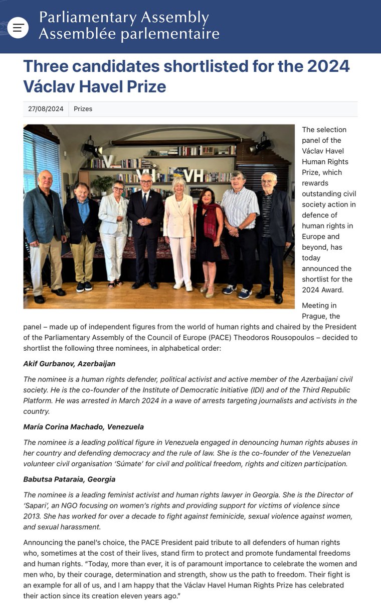 Urruchurtu's tweet image. María Corina Machado (@MariaCorinaYA) entre los tres finalistas del Premio de Derechos Humanos Václav Havel, entregado por la Asamblea Parlamentaria del Consejo de Europa (PACE) y que será anunciado el próximo 30 de septiembre.

Junto a ella, también están Akif Gurbanov, de…