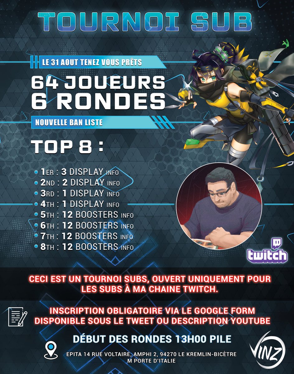 VinzHS's tweet image. Hello , j'organise un tournoi IRL pour fêter les un an d'indé sur twitch !
Rendez-vous à Paris samedi !
Le tournoi sera évidemment streamé sur ma chaîne !