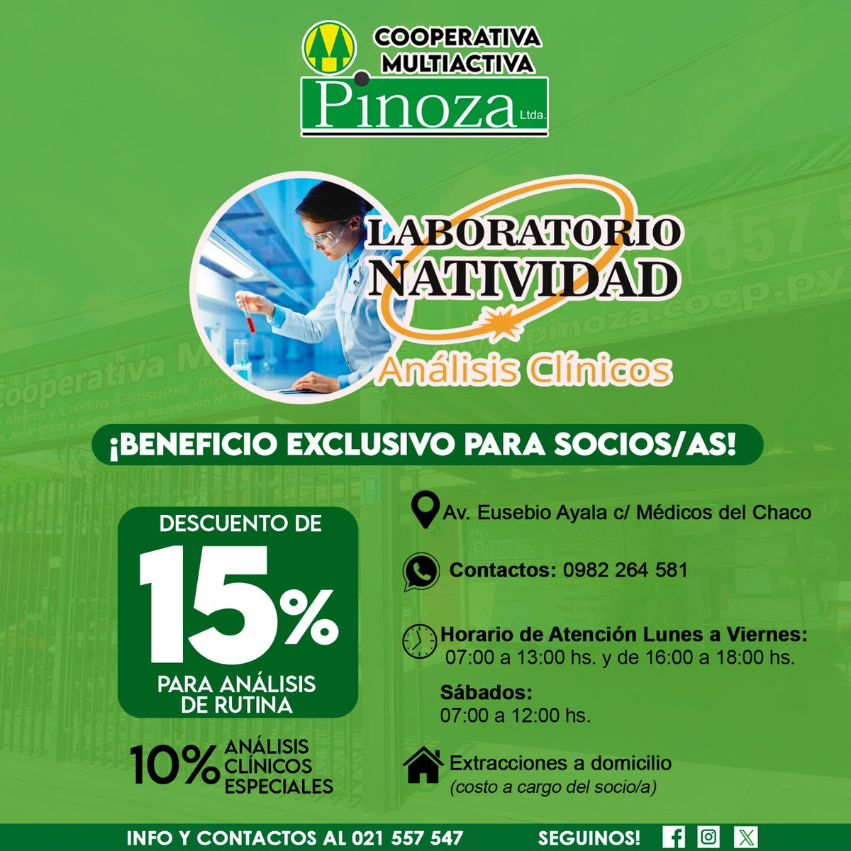 CoopeLtda's tweet photo. Nuevo Convenio entre la Cooperativa Pinoza y @laboratorionatividad Natividad 

BENEFICIOS EXCLUSIVOS PARA SOCIOS:
* Análisis clínicos de rutina : 15% de descuento 
* Análisis clínicos especiales: 10% de descuento.

Para más información comunícate al 0982 264 581 https://t.co/OmVlaACJo2