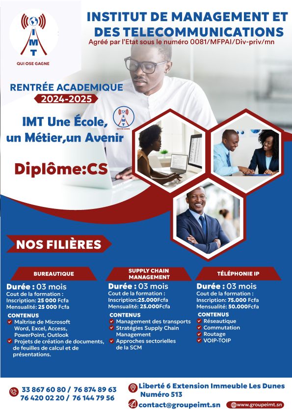 IMTSERVICE's tweet photo. Vous êtes à la recherche d'une Formation de Qualité, Inscrivez-vous à l’institut de management et des télécommunications (IMT).
Les inscriptions pour l’année académique 2024 - 2025 débutent le 5 septembre. 
Pour plus de renseignements, merci de nous contacter au  
76 420 02 20 https://t.co/pqKjOnNRov