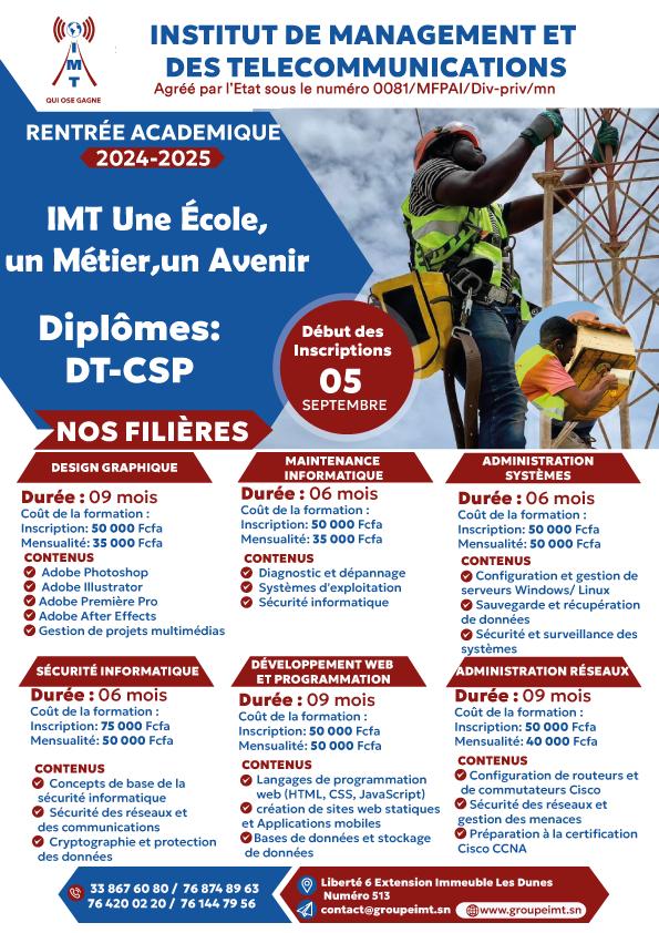 IMTSERVICE's tweet photo. Vous êtes à la recherche d'une Formation de Qualité, Inscrivez-vous à l’institut de management et des télécommunications (IMT).
Les inscriptions pour l’année académique 2024 - 2025 débutent le 5 septembre. 
Pour plus de renseignements, merci de nous contacter au  
76 420 02 20 https://t.co/pqKjOnNRov