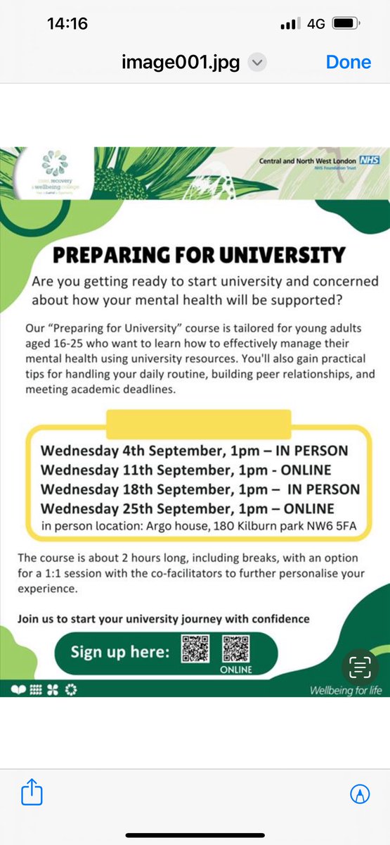 We have a new course available for any one aged between 16-25 years who is preparing to go to university and are worried about how to manage their mental health. Please see poster for details and you must be signed up to a GP in areas which CNWL NHS support.
