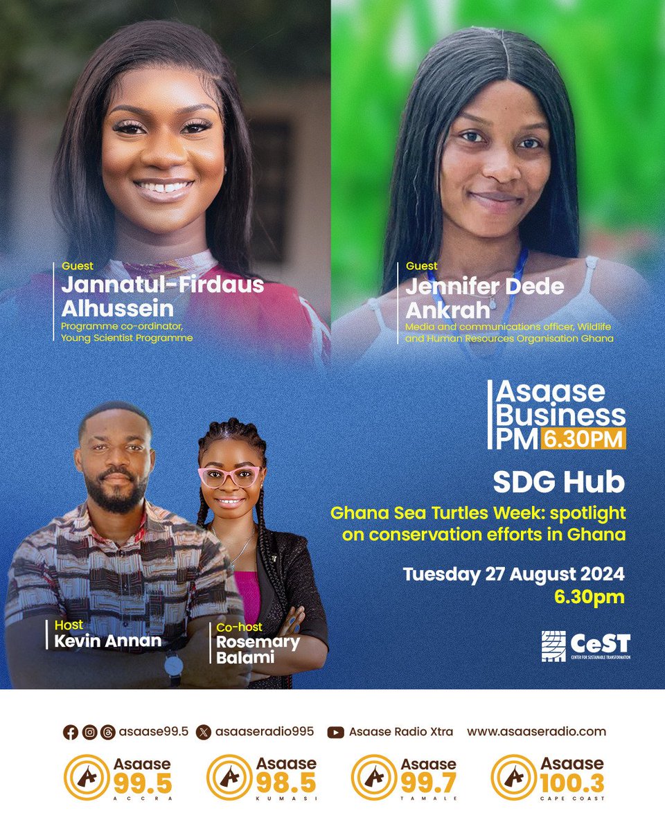 #Ghana Sea Turtles Week: Join the conversation on conservation efforts tonight on the #SDGHub on <a href="/asaaseradio995/">Asaase 99.5</a> with @Rosemary_balami, <a href="/NiiAdjeiAnnan2/">Kev</a>, &amp; <a href="/WHRO_GHANA/">WHROGHANA</a>. 

#GNSTW2024 #ISTS43_Ghana #GhanaNationalSeaTurtleDay #GhanaNationalSeaTurtleWeek.