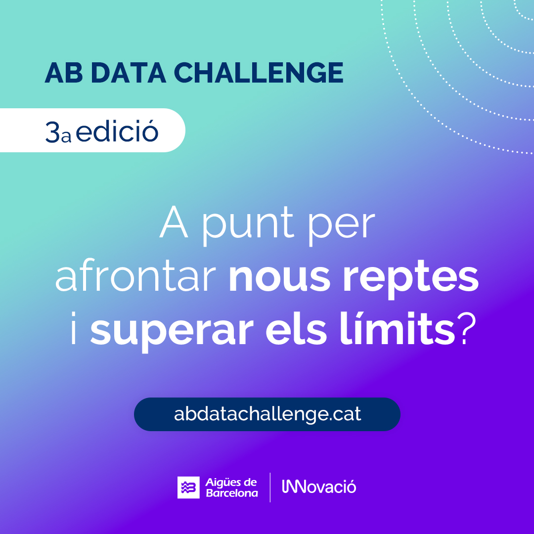 aiguesbcnclient's tweet photo. A punt per enfrontar nous reptes i superar els límits? Torna la 3a edició de l’#ABDataChallenge!👏 Si t'agrada el #bigdata, la #tecnologia i la #innovació, et convidem a participar.
👉 Inscripcions a partir de l’1 de setembre. Consulta les bases a la web https://t.co/UHMrntAcHw https://t.co/jDxKIlgA9z