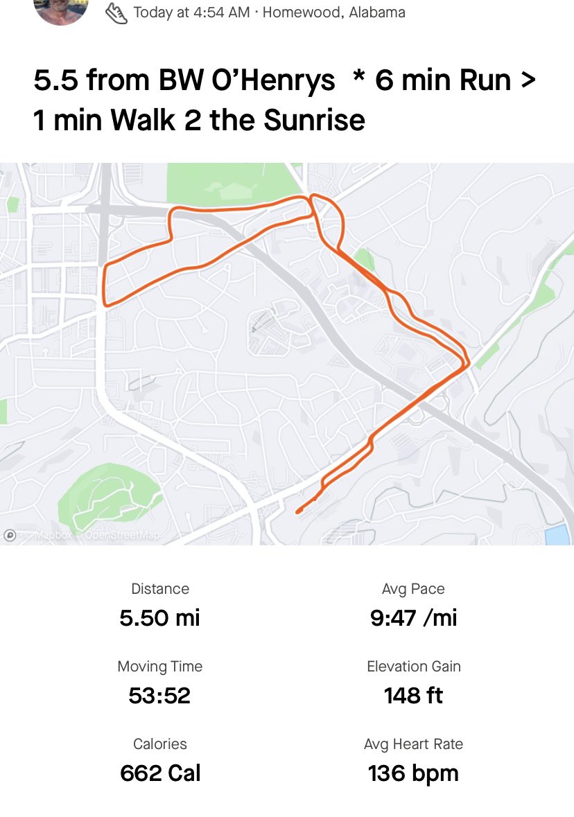 Bama26Point2's tweet photo. 4:54am * 67Β°F * 5.5 miles in 53:52 - beautiful early morning for a run that ended with the sunrise * a lot of runners out - 6 min run / 1 min walk with a little climb early * and a lot of ice on the knee afterwards #runchat #runner #runcoach https://t.co/5gZOujd9Vd