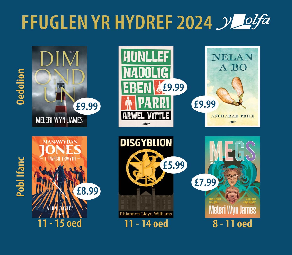 Ffuglen newydd i hydref 2024!  

Dim Ond Un - Meleri Wyn James 
Hunllef Nadolig Eben Parri - Arwel Vittle 
Nelan a Bo - Angharad Price 
Manawydan Jones: Y Twrch Trwyth - Alun Davies
Disgyblion B - Rhiannon Lloyd Williams 
Megs - Meleri Wyn James  

Ar gael cyn hir!

#yagym
