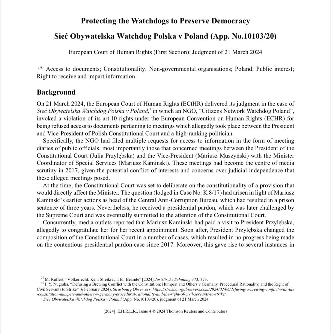 benedetta_lob's tweet photo. My case note on the @ECHR_CEDH judgment in Watchdog Polska v Poland has been published in the latest issue of the European Human Rights Law Review - check it out!

🔗https://t.co/Ns0HYM0LQc

@UCDLawSchool https://t.co/jw1gaZpRBA
