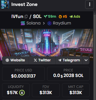 Invest_Zone_Sol's tweet photo. $IVfun

TOP   #5 On dexscreener 🔥🔥🔥

#memecoinseason24 #solanamemcoins  #solanacoin $sol #Solanamemes #SOL https://t.co/Suw71e1d1m