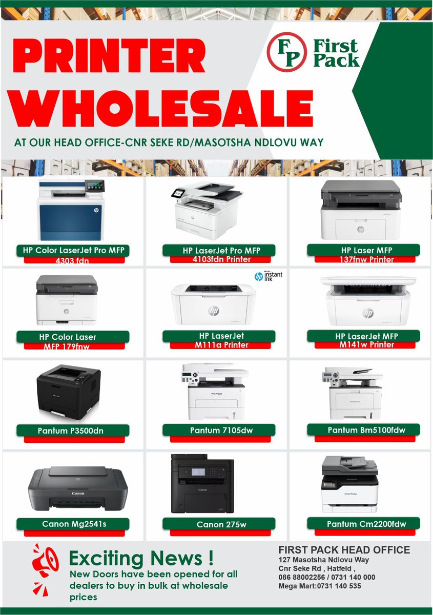 firstpack1's tweet photo. Good news! We're now offering wholesale prices on printers for dealers at Our First Pack Head Office - Cnr Seke Rd/ Masotsha Ndlovu Way. This means you can buy in bulk and save even more money. 
#printerwholesale #printers #hp #pantum https://t.co/PBonIcZoWY