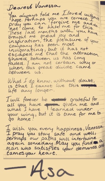 Donated by the January estate
Restored and transcribed by the Springhollow Historical Perseveration Society (SHPS)

A note, dated early-mid 19th century. Addressed to Miss Vanessa January (1813-1873), believed to have been written by her former lover, renowned artist Asa Turner.