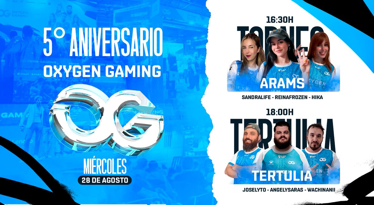 Oxygen Gaming (@gamingoxygen) on Twitter photo Para celebrar nuestro 5º Aniversario, tendremos mañana dos eventos especiales:
🔹16:30H: Torneo de Arams con <a href="/SandraLife9/">SandraLife</a>, <a href="/ReinaFrozen_/">Paolita</a> y <a href="/Hikalogs/">✨ 🌸Hika 🌻 히카 🌸 ✨</a>
🔹18:00H: Tertulia con <a href="/JoselytoOG/">Joselyto</a>, <a href="/AngelySaras/">Angel</a> y <a href="/twitchwachinani/">wachinanii</a>
¡Os esperamos por los canales de nuestros creadores! 💙 Para celebrar nuestro 5º Aniversario, tendremos mañana dos eventos especiales:
🔹16:30H: Torneo de Arams con <a href="/SandraLife9/">SandraLife</a>, <a href="/ReinaFrozen_/">Paolita</a> y <a href="/Hikalogs/">✨ 🌸Hika 🌻 히카 🌸 ✨</a>
🔹18:00H: Tertulia con <a href="/JoselytoOG/">Joselyto</a>, <a href="/AngelySaras/">Angel</a> y <a href="/twitchwachinani/">wachinanii</a>
¡Os esperamos por los canales de nuestros creadores! 💙
