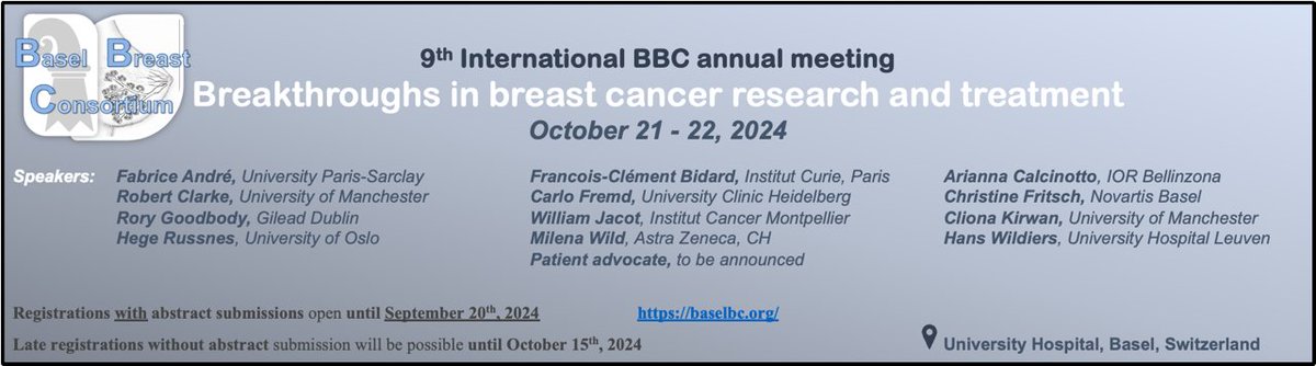 Join the 9th BBC International Meeting on
Breakthroughs in breast cancer research and treatment
Basel, CH, October 21 &amp; 22, 2024
An amazing lineup of speakers from basic, translational and clinical research from academia and industry, and 4 poster awards!
baselbc.org/registration20…