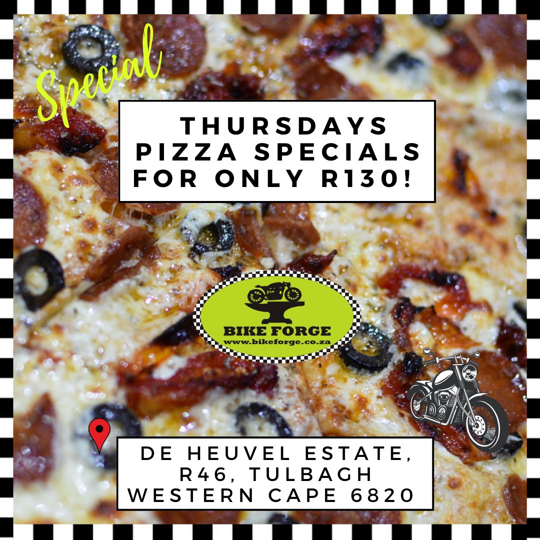 travellocal_sa's tweet image. Bike Forge SPECIAL

Thursday Pizza for only R130!! 🍕

PS. Jou Ma se Platespeler - 18 Oktober - BOOK NOW

bikeforge.co.za

#travellocalsa #tulbagh