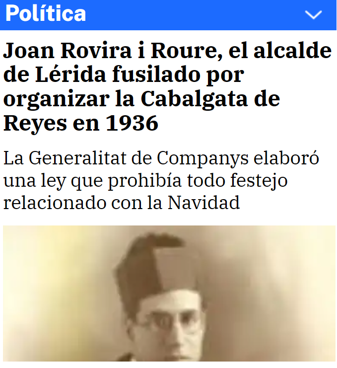 CCivicaCatalana's tweet photo. Hoy hace 88 años el alcalde de Lérida fue torturado y finalmente fusilado por haber celebrado la Cabalgata de Reyes Magos, incumpliendo las estrictas órdenes impuestas por Companys (ERC).

Companys es ese tipo al que le dedican calles, plazas y estadios olímpicos. https://t.co/xIwIqgSggE