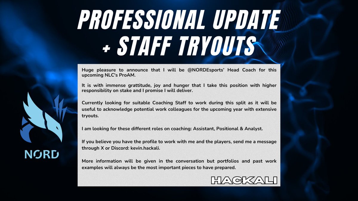 🔴 Professional Update + Staff Tryouts [NLC1]

TLDR:

➡️ Promoted to <a href="/NORDEsports/">NORD Esports</a> NLC1 HC position;
➡️ LF Coaching Staff for ProAM + 2025;

Read below as there are more details ⬇️

❤️ &amp; 🔁 are heavily appreciated!