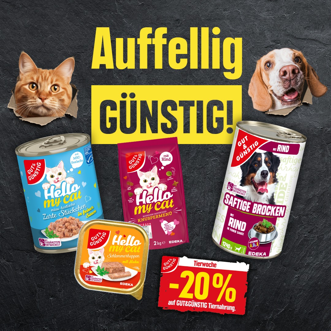 Das wird euren felligen MitbewohnerInnen schmecken: Diese Woche bekommt ihr in allen EDEKA Märkten 20 % Rabatt auf Gut&amp;Günstig Katzen- und Hundefutter.