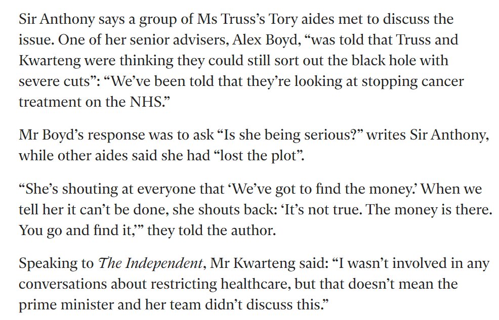 adampayne26's tweet image. An incredible claim in Sir Anthony Seldon's biography of Liz Truss:

She, according to the book, considered "stopping cancer treatment on the NHS" as a way of filling the financial blackhole

An adviser is said to have replied, "is she being serious?”

independent.co.uk/news/uk/politi…
