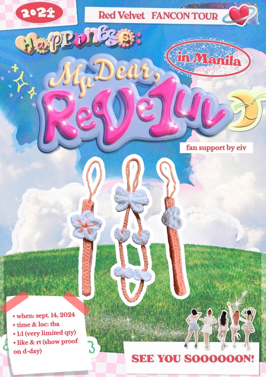 eiv_viee's tweet photo. PART 2 🤗 

Red Velvet FANCON TOUR
<HAPPINESS: My Dear, ReVe1uv> in Manila

crochet phone straps
fan support by @eiv_viee 

— like &amp; rt (show proof on d-day)
— time &amp; loc: tba
— strictly 1:1, very limited qty

#RedVelvet_FANCON_TOUR_in_MANILA https://t.co/aY1xnIP2sL