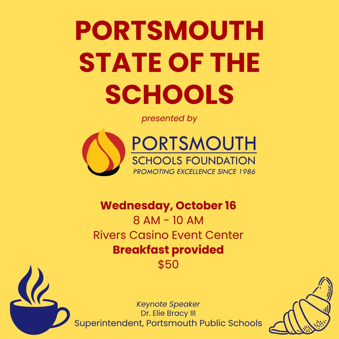 The Portsmouth Schools Foundation invites the public to attend the 2024 Portsmouth State of the Schools being held Wednesday, Oct. 16 at the Rivers Casino Event Center at 8am. To purchase tickets and learn more about the event, go to bit.ly/3XlHwOx. #PPSShines