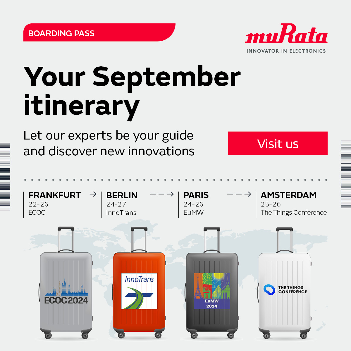 📣 𝐀𝐥𝐥 𝐚𝐛𝐨𝐚𝐫𝐝, 𝐭𝐡𝐞 𝐌𝐮𝐫𝐚𝐭𝐚 𝐓𝐨𝐮𝐫 𝐢𝐬 𝐤𝐢𝐜𝐤𝐢𝐧𝐠 𝐨𝐟𝐟!

You can find us in 4 different exhibitions during the last week of September.
To get your tickets and which products to find in the expositions, please check: murata.com/en-eu/events?e…