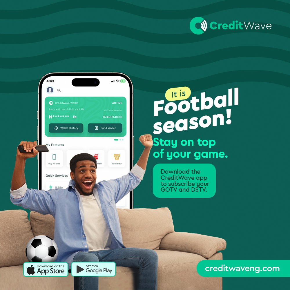 Football season is here! ⚽ Stay ahead and never miss a game by subscribing to GOtv and DStv through the CreditWave app. 🏆 Download now and keep the excitement going! 
.
.
.
.
#FootballSeason #StayOnTop #CreditWave #GameOn