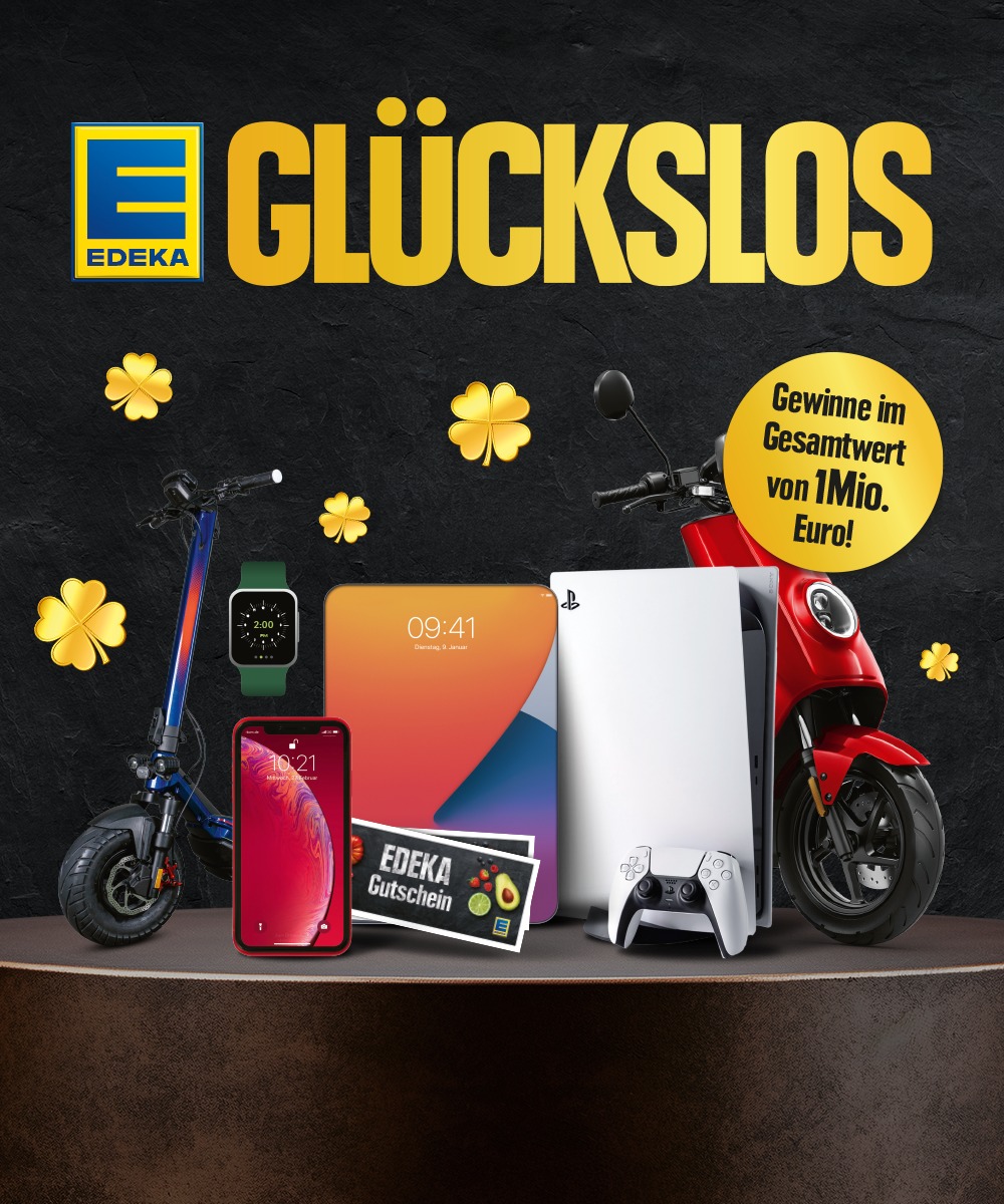 Macht euren Einkauf zum Hauptgewinn! Denn ab 20 Euro Einkaufswert bekommt ihr jetzt bei uns ein Glückslos geschenkt.  Dieses enthält einen Rabattcoupon, den ihr in der EDEKA-App aktivieren könnt und euch so automatisch die Chance auf auf einen Hauptgewinn sichert.