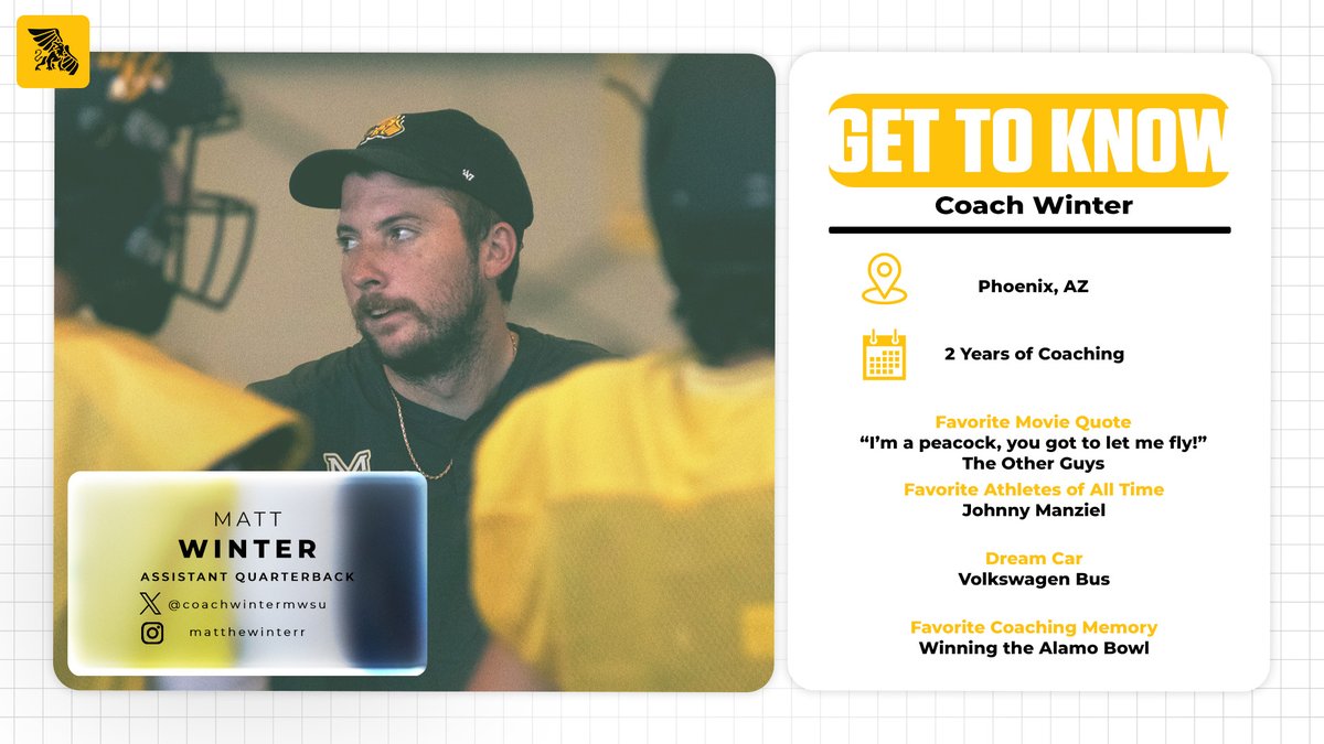 𝙎𝙩𝙖𝙛𝙛 𝙎𝙥𝙤𝙩𝙡𝙞𝙜𝙝𝙩
<a href="/coachwintermwsu/">Matthew Winter</a>  - Assistant Quarterback

Favorite Pro Team🏈
<a href="/AZCardinals/">Arizona Cardinals</a> 

Favorite Hobby💛
Fishing🎣

Go To Road Snack🛣️
Sunflower Seeds🌻

#A10Mentality