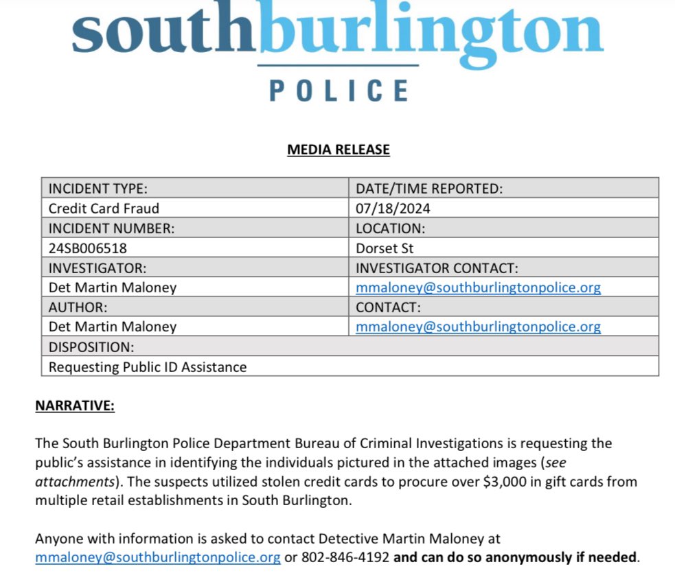 South Burlington Police tweet media
