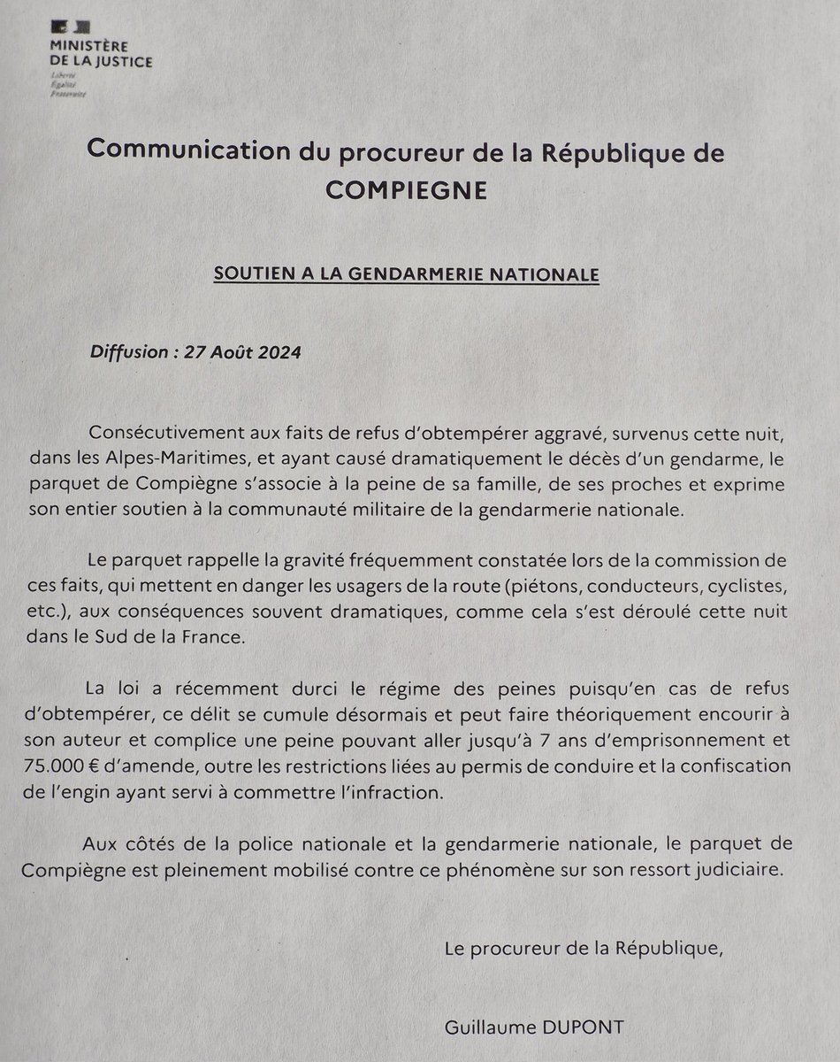 Proc_Compiegne's tweet image. @Gendarmerie 
@leparisien_60 
@CourrierPicard 
@ActuOise81251 

Communication du procureur de la République de Compiègne,  Guillaume DUPONT, suite aux faits de refus d'obtempérer survenus cette nuit dans les Alpes Maritimes