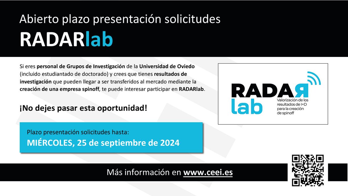 ceeiasturias's tweet photo. 📣¡¡ABIERTO EL PLAZO DE PRESENTACIÓN DE SOLICITUDES PARA PARTICIPAR EN #RADARLAB!!
Plazo presentación hasta el 🗓️ 25 de SEPTIEMBRE.
¡Anímate y participa!😄🔬👩🔬
ℹ️👉 https://t.co/0TD7HWrbEX
@SCTAsturias @uniovi_info @ceeiasturias https://t.co/vPoZKB7zlB