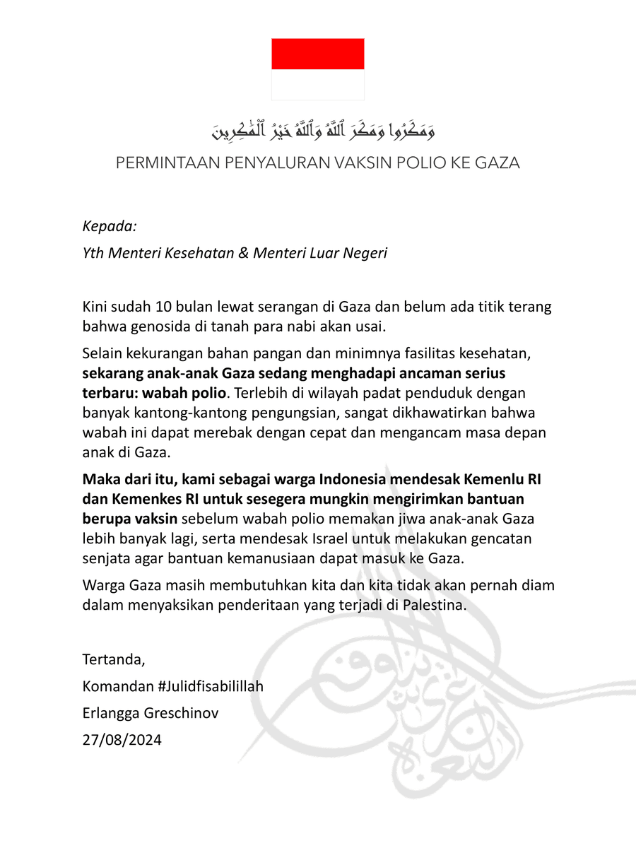 Tolong perhatiannya Bapak Ibu di Kemenkes dan Kemenlu. Anak-anak Gaza saat ini terancam wabah polio. Please do something. 🙏
<a href="/KemenkesRI/">Kementerian Kesehatan RI</a>
<a href="/Kemlu_RI/">MoFA Indonesia</a>