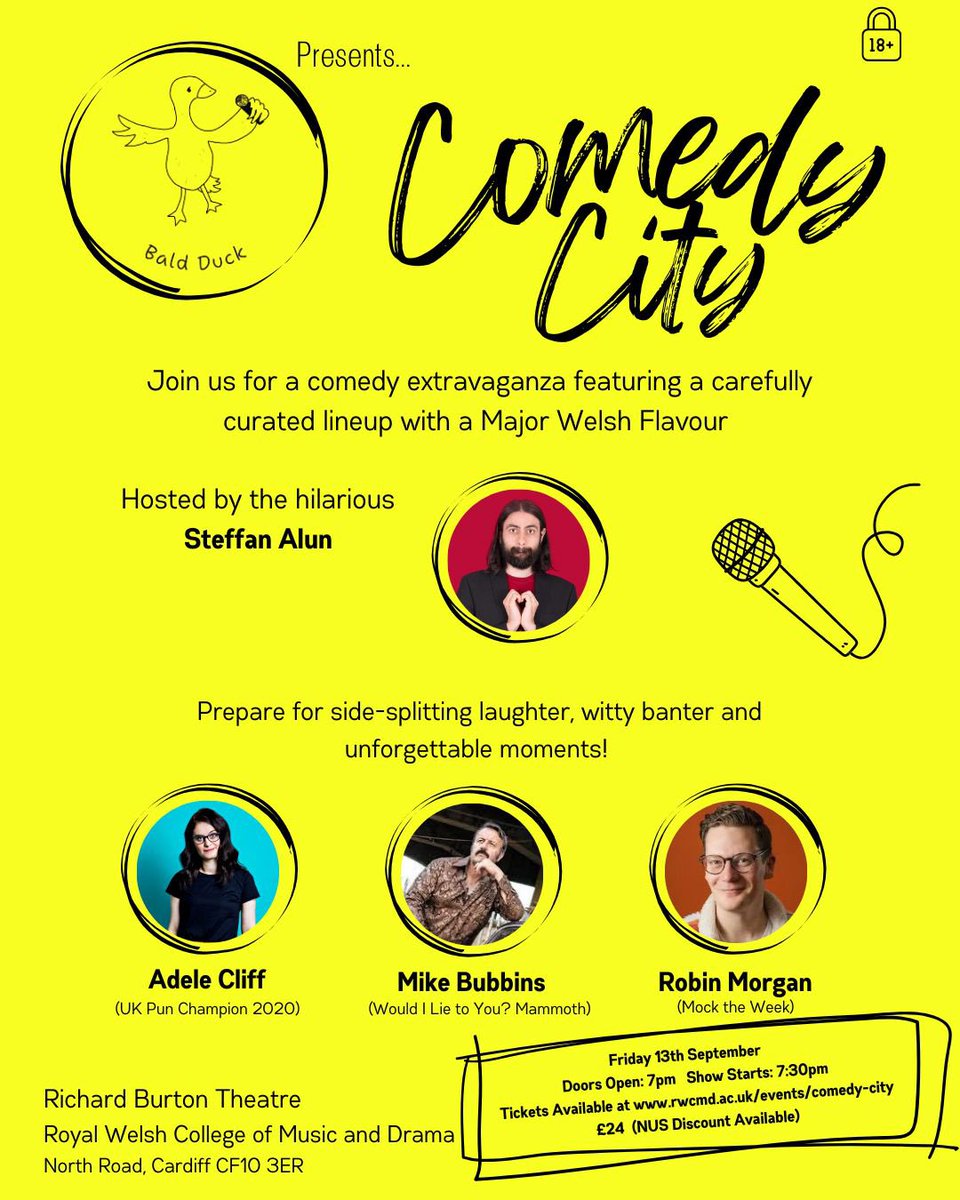 Bald Duck (@bald_duck_) on Twitter photo An amazing night of comedy on September 13th in Cardiff at <a href="/RWCMD/">Royal Welsh College of Music & Drama</a> with @MikeBubbins <a href="/robinjaymorgan/">Robin Morgan</a> <a href="/Adelecliff/">Adele Cliff - Edfringe tickets available now!</a> and <a href="/StAlun/">Steffan Alun</a> .
Some tickets left 👇
rwcmd.ac.uk/events/comedy-… An amazing night of comedy on September 13th in Cardiff at <a href="/RWCMD/">Royal Welsh College of Music & Drama</a> with @MikeBubbins <a href="/robinjaymorgan/">Robin Morgan</a> <a href="/Adelecliff/">Adele Cliff - Edfringe tickets available now!</a> and <a href="/StAlun/">Steffan Alun</a> .
Some tickets left 👇
rwcmd.ac.uk/events/comedy-…