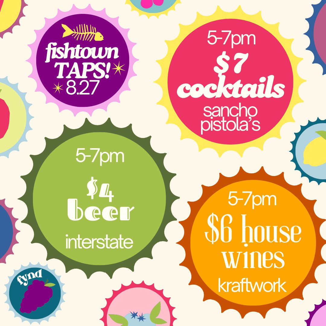 Fishtown TAPS is today! Sip on $7 cocktails at Sancho Pistola's, $6 house wines at Kraftwork, &amp; $4 beers at Interstate from 5-7PM! 🍹🍷

⬇️  Download Here: 
getfynd.app/download-fynd/

#philadephia #philly #fynd #phillyfynds #event #phillyevents #happyhour #foodspecial #drinkspecial