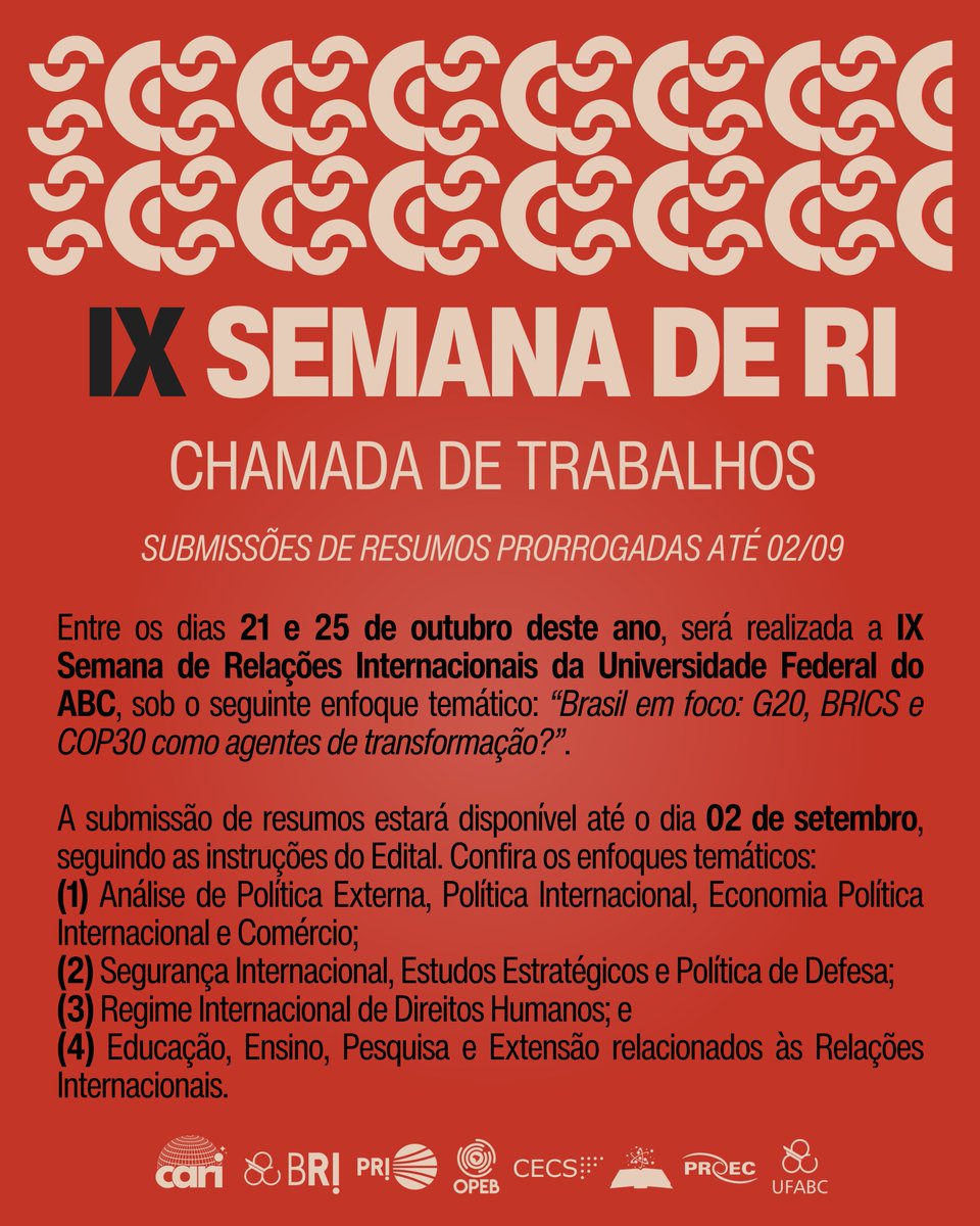 Prorrogação da Chamada de Trabalhos para a IX Semana de Relações Internacionais!

A submissão de resumos estará disponível até o dia 02 de setembro, seguindo as instruções do Edital.
Realize sua inscrição para o evento e tenha mais informações em: ufabc.net.br/ixsemanari