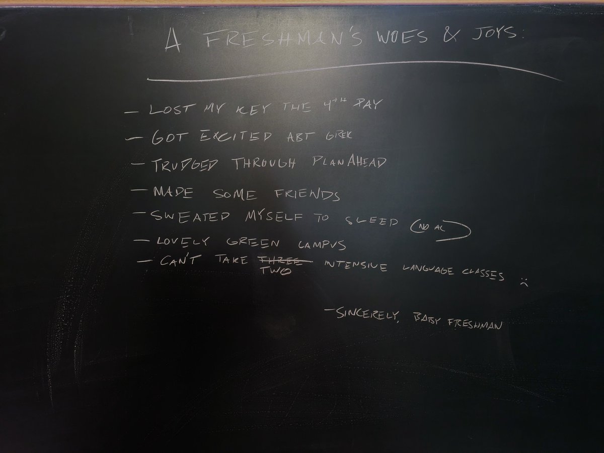 KenyonClassics (@kenyonclassics) on Twitter photo Spotted today on an Ascension Hall blackboard, "A Freshman's Woes & Joys." Delighted to read the second item on the list. (GREK is the prefix <a href="/KenyonCollege/">Kenyon College</a> for courses in Ancient Greek.) Spotted today on an Ascension Hall blackboard, "A Freshman's Woes & Joys." Delighted to read the second item on the list. (GREK is the prefix <a href="/KenyonCollege/">Kenyon College</a> for courses in Ancient Greek.)